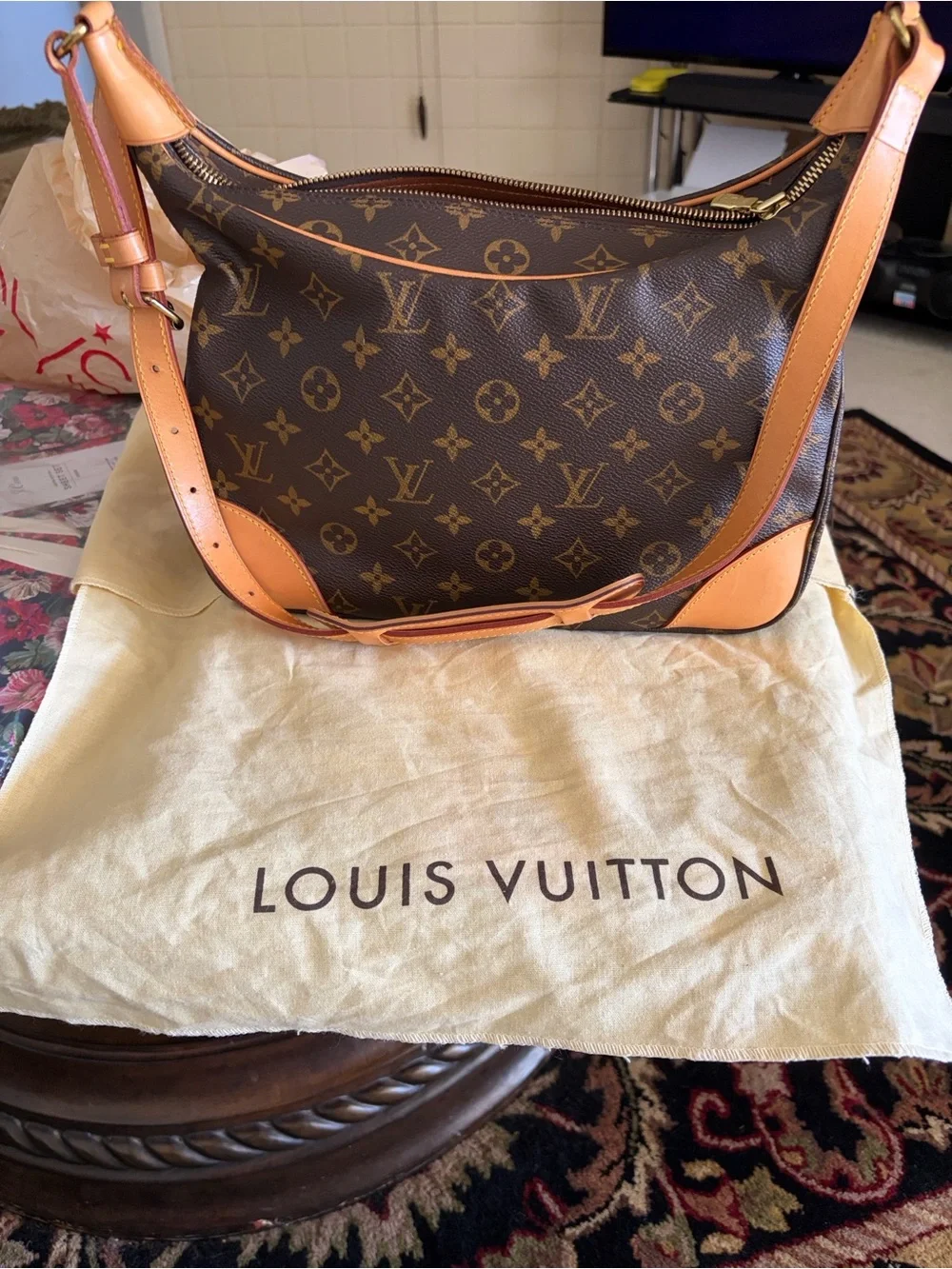 Louis Vuitton Brown Monogram Shoulder Bag with Tan Leather Trim